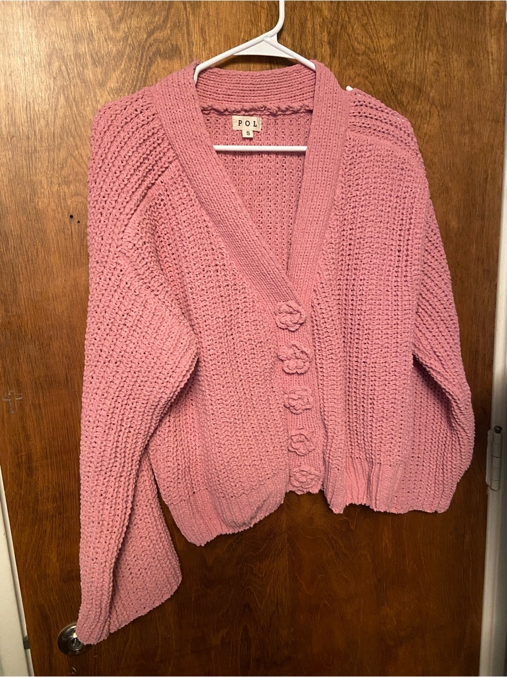 POL Pink Chunky Knit Cardigan with Flower Buttons